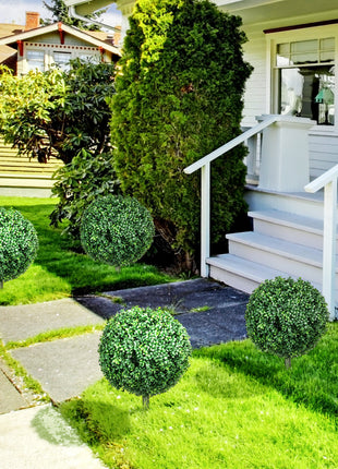 Artificial Boxwood Trees w/ Ground Stake, Set of 2 Ball Shaped Topiary Trees for Home Office & Living Room, UV Resistant