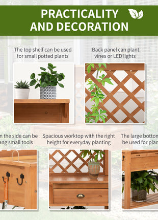 Garden Potting Bench, Outdoor Wooden Workstation Table w/ Metal Screen, Drawer, Hooks, Storage Shelf, and Lattice Back for Patio, Backyard and Porch