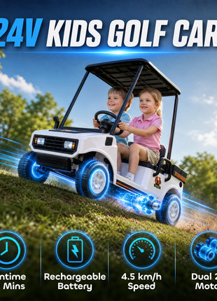 24V Kids Golf Cart 2WD 2-Seater with Remote, Soft Start, Rear Suspension, Sunshade, Storage, Gift for 3-6 Years, White