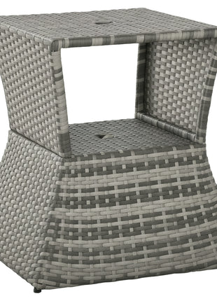 Outdoor Side Table with Umbrella Hole, 2 Tier Rattan Wicker End Table with Storage Shelf, All Weather for Patio, Garden, Backyard, Mixed Gray