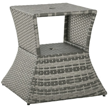 Outdoor Side Table with Umbrella Hole, 2 Tier Rattan Wicker End Table with Storage Shelf, All Weather for Patio, Garden, Backyard, Mixed Gray