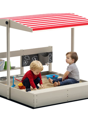 Kids Sandbox with Height Adjustable Canopy, Wooden Sandbox Backyard Toy with Kitchen Playset Accessories, Outdoor Activity Gift for Girls and Boys, Ages 3-7