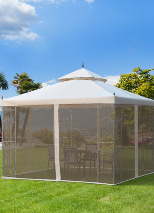 10' x 10' Patio Gazebo with Corner Frame Shelves, Double Roof Outdoor Gazebo Canopy Shelter with Netting for Patio, Wedding, Catering & Events, Cream White