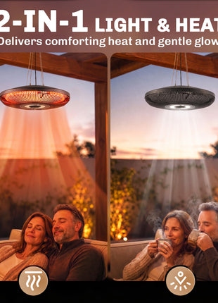 Electric Hanging Patio Heater with LED Light, 750/1500 W IP65 Ceiling Mounted Infrared Outdoor Heater, Black