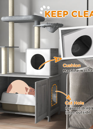 2 in 1 Floor to Ceiling Cat Tree with Litter Box Enclosure, Condo, Bed, Hammock, Scratching Posts, and Platforms, Gray