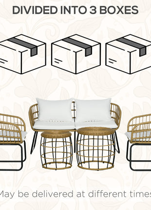 5 Piece PE Rattan Outdoor Furniture Set with Cushioned Chairs, Loveseat Sofa & Stackable Coffee Tables, Cream White