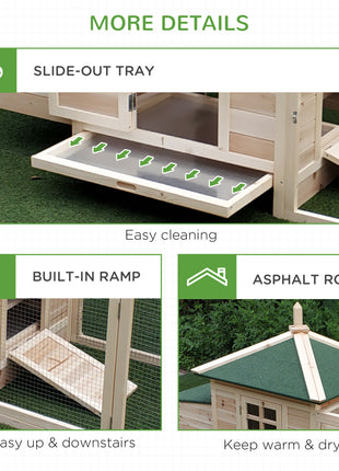 77" Wooden Chicken Coop with Nesting Box, Cute Outdoor Hen House with Removable Tray, Ramp Run, for Garden Backyard, Natural