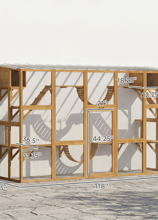 Catio Playground Cat Window Box Outside Enclosure for Multiple Cats w/ Shelves & Bridges, Yellow