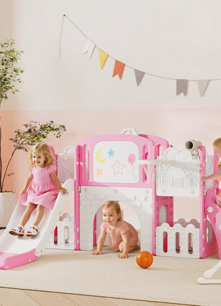 7 in 1 Kids Slide with Climber, Basketball Hoop, Telescope, Indoor Outdoor Playground, for Boys Girls Ages 1-3, Pink