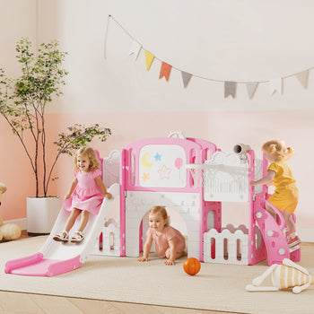 7 in 1 Kids Slide with Climber, Basketball Hoop, Telescope, Indoor Outdoor Playground, for Boys Girls Ages 1-3, Pink