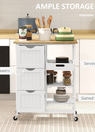 Rolling Kitchen Cart, Kitchen Island with Wood Top, Shelves & Drawers for Dining Area, White