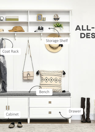 Hall Tree with Storage Bench, Entryway Bench with Coat Rack, Accent Coat Tree with Storage Shelves, Cabinet and Drawers for Hallway, Mudroom, White