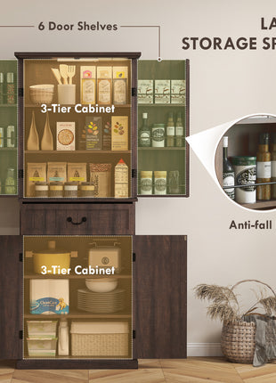 71" LED Kitchen Pantry Cabinet, Farmhouse Storage Cabinet with Door Shelves, Distressed Brown