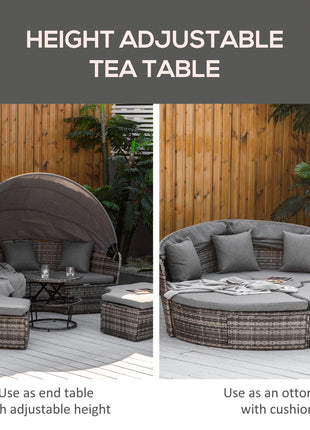 4 Piece Round Rattan Daybed, Convertible Patio Furniture Set, Adjustable Sun Canopy, Sectional Outdoor Sofa, 2 Chairs, Extending Tea Table Ottoman Chair, 3 Pillows, Gray
