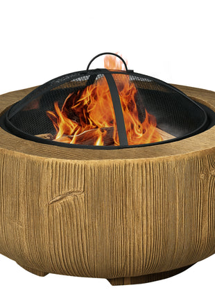 Outdoor Fire Pit, 24 Inch Metal Wood Burning Fireplace with Spark Cover, Poker, Woodgrain Design, Light Brown