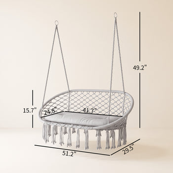 2-Person Hammock Chair Macrame Swing with Soft Cushion, Hanging Cotton Rope Chair for Indoor Outdoor Home Patio Backyard, Light Gray