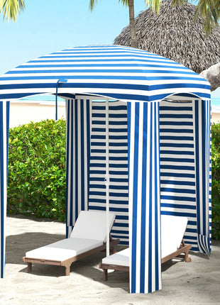 5.8' x 5.8' Cabana Umbrella with Walls, Vents, Ruffles, Carry Bag, Beach Umbrella, Blue White Stripe