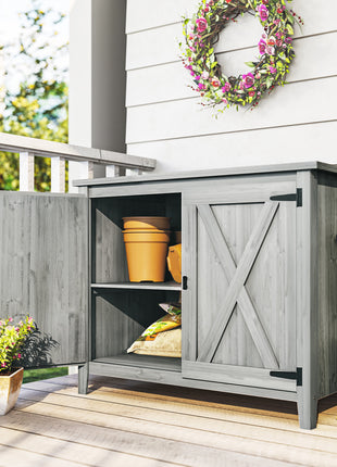 Wooden Outdoor Storage Cabinet, Garden Shed Potting Shed with Shelf and Double Doors, Light Gray