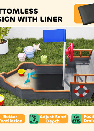 Kids Wooden Sandbox Pirate Ship Sandboat w/ Bench Seat Storage Space Ceder Wood, Gray