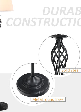 3 Piece Table Floor Lamp Set with Metal Pole, Round Base, and Fabric Lampshade, for Living Room, Black/White