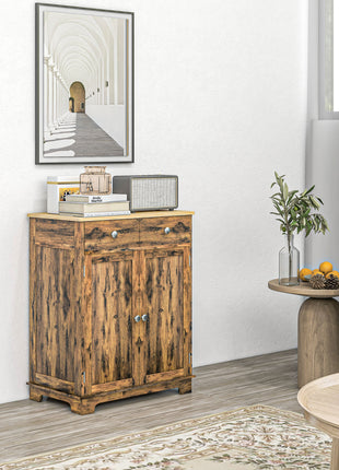 Kitchen Storage Cabinet, Sideboard Floor Cupboard with Solid Wood Top, Adjustable Shelf, and 2 Drawers, Brown