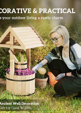 Wood Wishing Well for Outside with Hanging Bucket, Wishing Well Planter with Drain Hole for Garden Patio, Natural