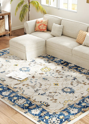 Machine Washable Area Rug 8x10, Non-Slip Boho Floral Print Floor Carpet for Living Room, Bedroom, Dining Room, Blue