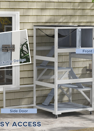 Catio, Outdoor Cat Enclosure House on Wheels with Hammock, Gray