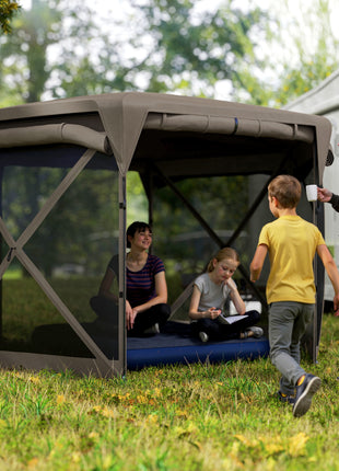 11 x 11ft Pop Up Gazebo Screen Tent with Removable Roof Cover, Roll-up Wind Panels for Camping, Backyard, Brown
