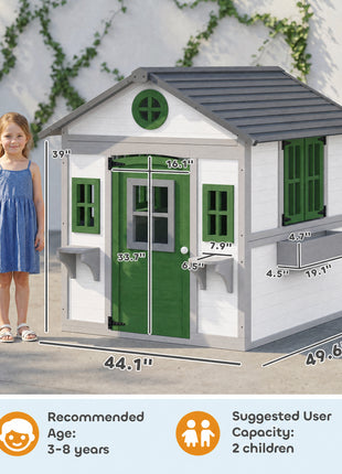 Wooden Playhouse for Kids Outdoor with Doors, Windows, Planter Pots and Boxes for Toddlers 3-8 Years, White