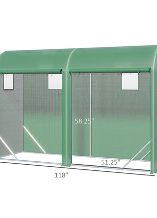 10' x 3' x 7' Walk-in Lean-to Greenhouse, Steel, 4 Zipper Roll-up Windows & 2 Doors, UV Protecting PE Cover for Growing Flowers, Vegetables, Tropical Plants, Saplings, Succulents, Green