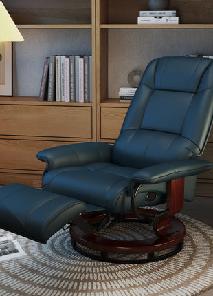 Faux Leather Manual Recliner, Adjustable Swivel Lounge Chair with Footrest, Armrest and Wrapped Wood Base for Living Room, Blue
