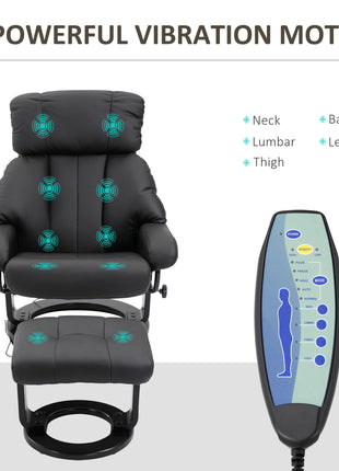 Massage Recliner Chair with Ottoman, 360° Swivel Recliner and Footstool, 10 Point Vibration, PU Leather Reclining Chair with Side Pocket and Remote Control, Black