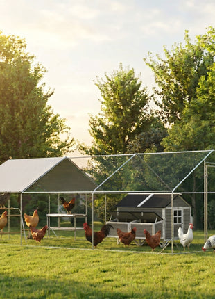 Large Metal Chicken Coop with Waterproof Cover, Roosting Bar, Nesting Box, 9.8' x 19.7' x 6.4'