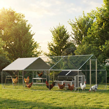 Large Metal Chicken Coop with Waterproof Cover, Roosting Bar, Nesting Box, 9.8' x 19.7' x 6.4'