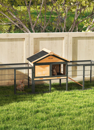 Wooden Rabbit Hutch Outdoor, 85" Large Bunny Cage with Steel Run, Removable Plastic Tray, Asphalt Roof, Ramp