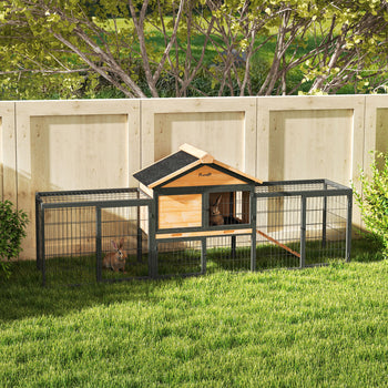 Wooden Rabbit Hutch Outdoor, 85" Large Bunny Cage with Steel Run, Removable Plastic Tray, Asphalt Roof, Ramp