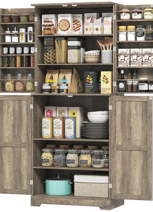 Farmhouse Kitchen Pantry, 72" Tall Pantry Cabinet with 4 Barn Doors, 4 Adjustable Shelves and 8 Door Shelves, Gray Wash
