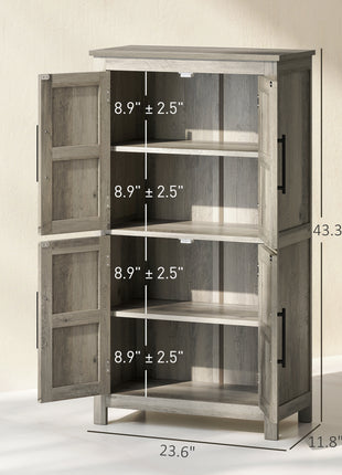 Bathroom Floor Storage Cabinet, Farmhouse Bathroom Cabinet with 4 Doors and Adjustable Shelf, Light Gray