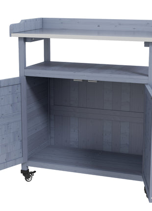 Outdoor Wooden Potting Bench with Storage Cabinet, Aluminum Tabletop, Rubber Wheels for Backyard, Patio, Balcony, Gray