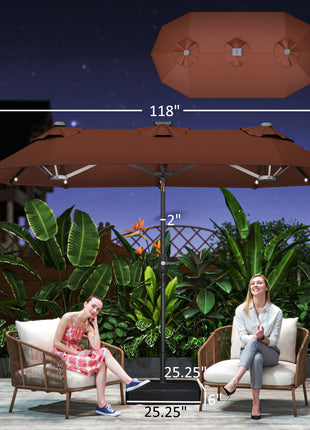 Double-sided Outdoor Patio Umbrella with Solar Lights and Base, Dining Table Umbrella Push Button Tilt, Coffee