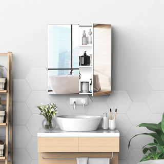 Bathroom Mirrored Cabinet, 24"x26" Stainless Steel Frame Medicine Cabinet, Wall-Mounted Storage Organizer with Double Doors, Silver