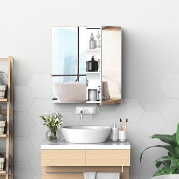 Bathroom Mirrored Cabinet, 24"x26" Stainless Steel Frame Medicine Cabinet, Wall-Mounted Storage Organizer with Double Doors, Silver