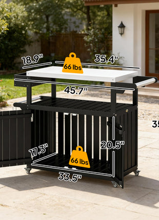 Outdoor Bar Cart with Storage, Stainless Steel Outdoor Bar Table Top, Wheeled HDPE Kitchen Island for Food Prep, Black