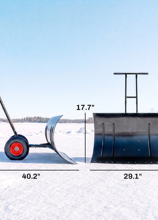 Snow Shovel with Wheels, 29" Metal Snow Pusher with Adjustable Handle, 7-Angle Blade, Wear Strip for Driveway, Black