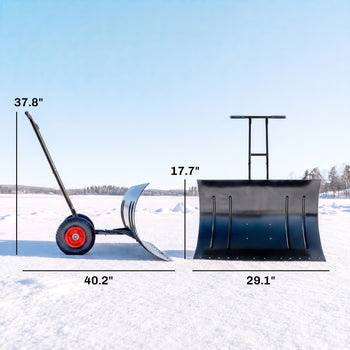 Snow Shovel with Wheels, 29" Metal Snow Pusher with Adjustable Handle, 7-Angle Blade, Wear Strip for Driveway, Black