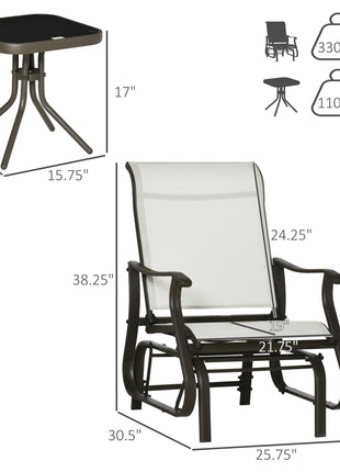 3-Piece Outdoor Gliders Set Bistro Set with Steel Frame, Tempered Glass Top Table for Patio, Garden, Backyard, Lawn, Cream White