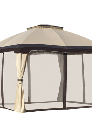 10' x 12' Outdoor Gazebo, Patio Gazebo Canopy Shelter w/Double Vented Roof, Zippered Mesh Sidewalls, Solid Steel Frame, Beige