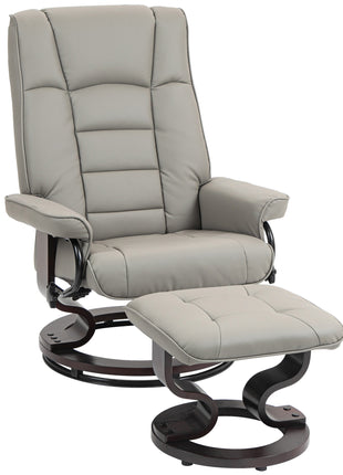Faux Leather Recliner with Ottoman, Swivel Recliner Chair and Ottoman with High Back and Wood Base, Gray