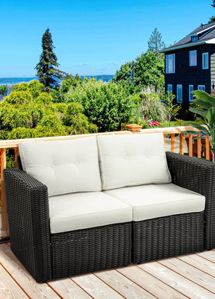 2 Piece Patio Wicker Corner Sofa Set, Outdoor PE Rattan Furniture, with Curved Armrests and Padded Cushions for Balcony, Garden, or Lawn, Beige